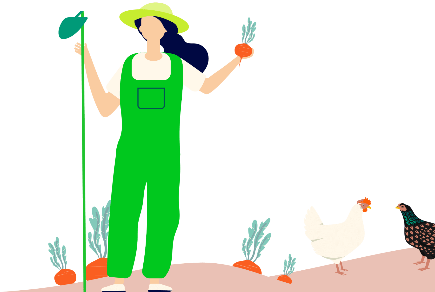 an illustration of a farmer and a chicken