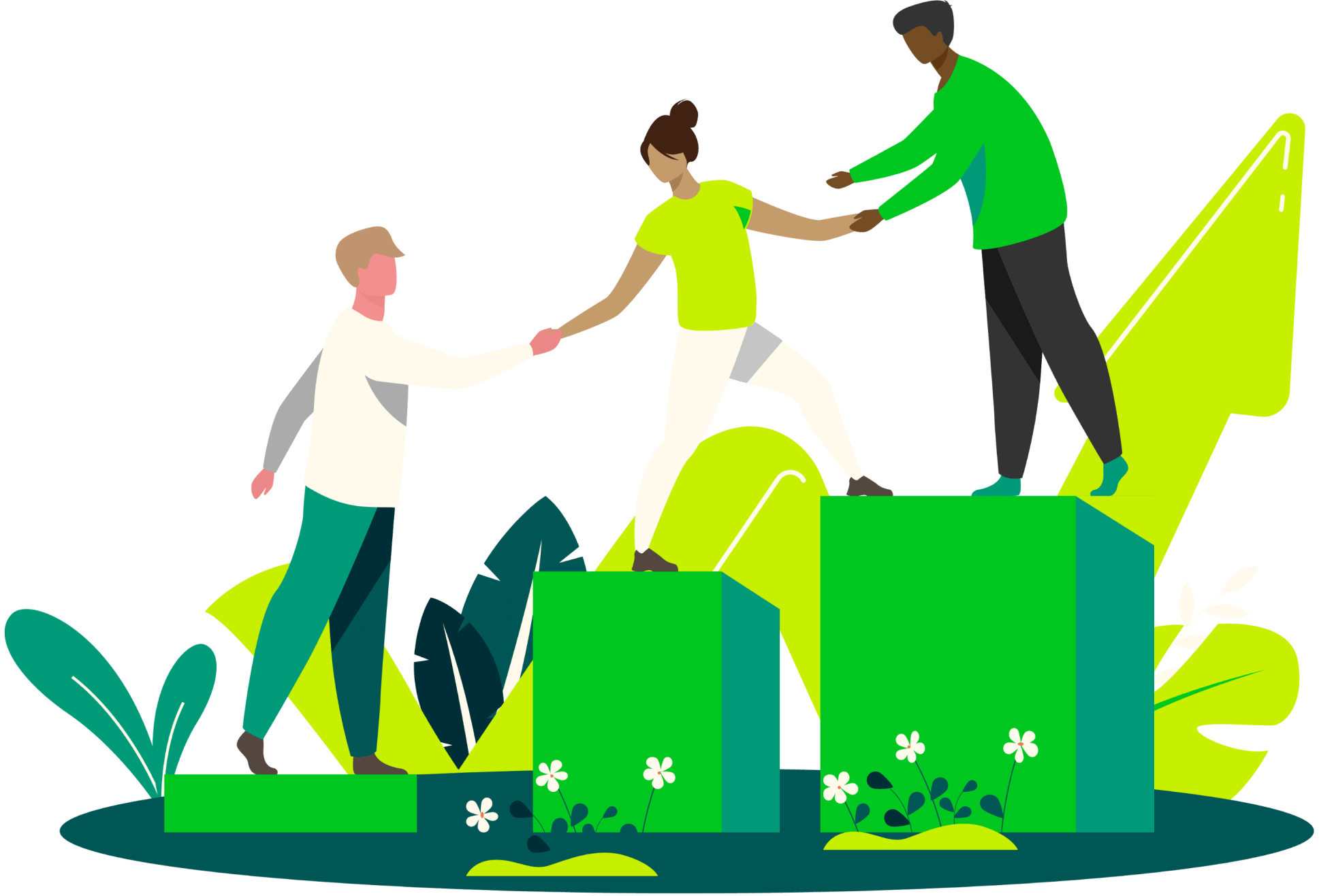 an illustration of 3 people each helping the other climb up some green blocks