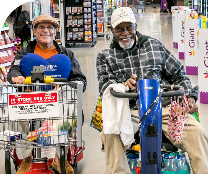 a photo of two people interacting in a supermarket