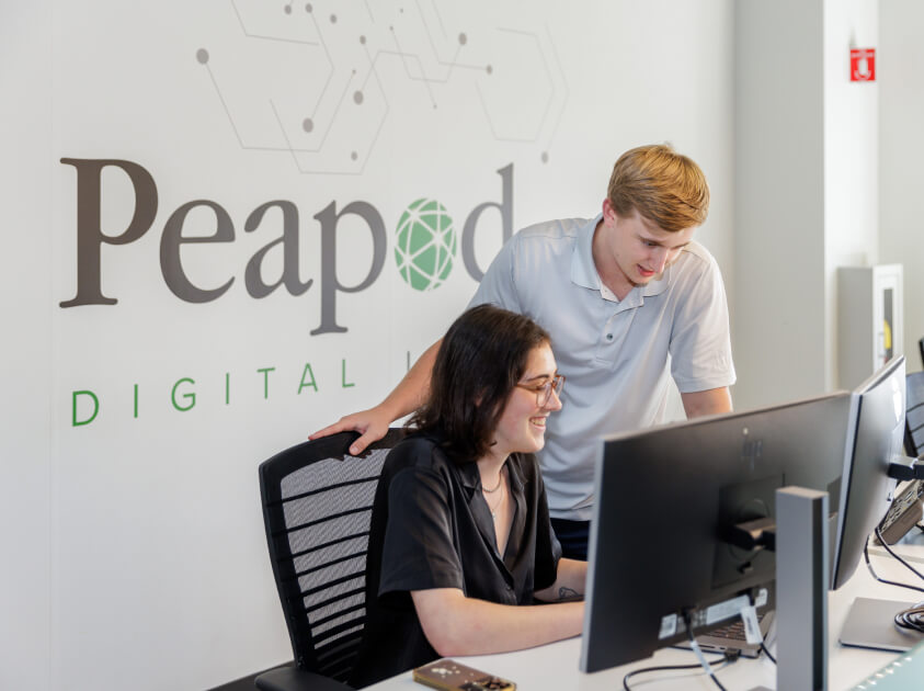 a photo of two office workers looking at a computer screen